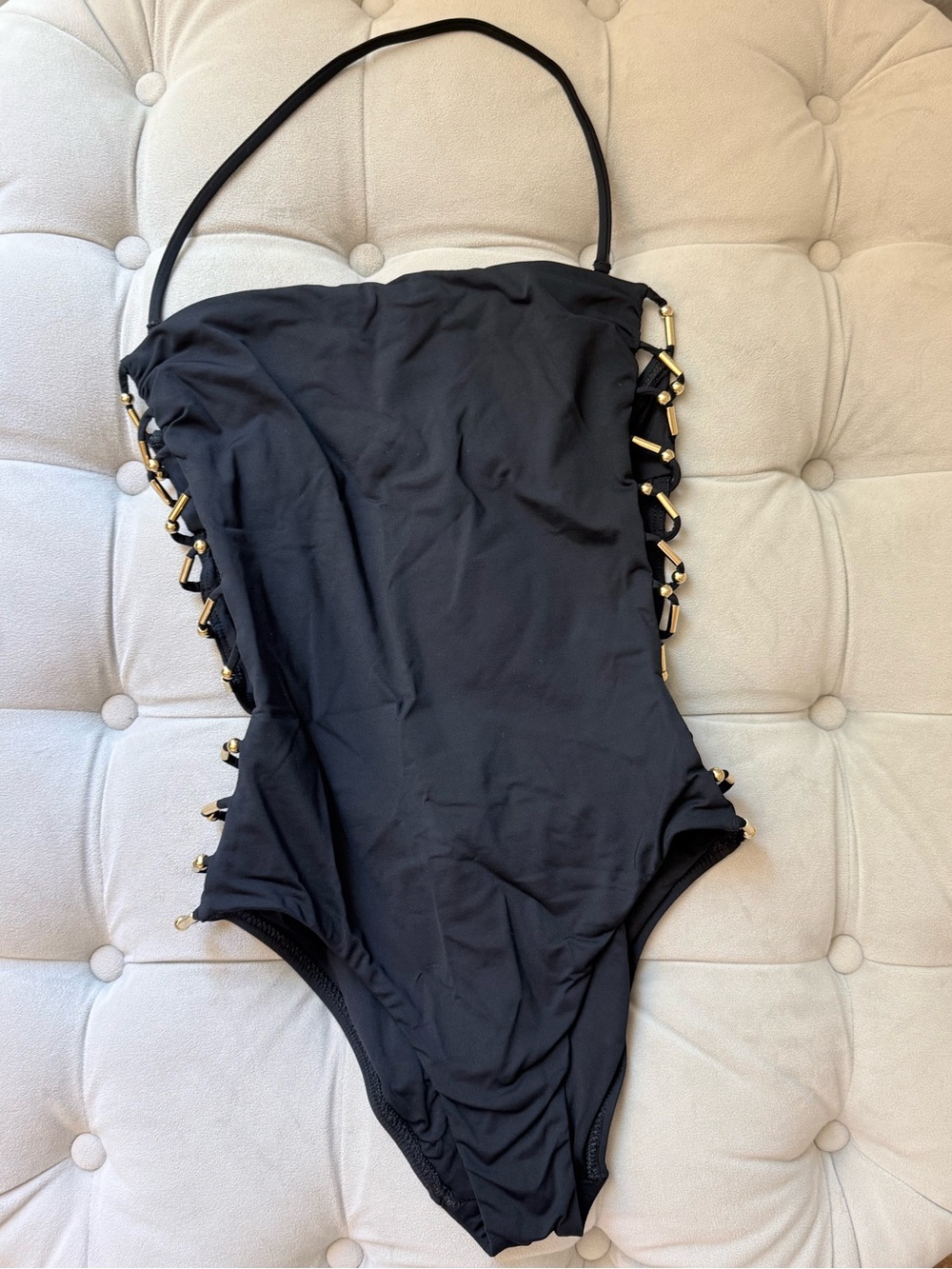 Trina Turk Black One-Piece Swimsuit with Gold Accent Side Rings